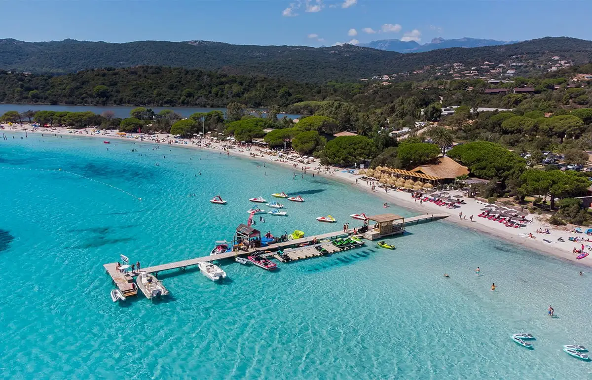 Aerial view of the pontoon on the beach of Santa Giulia in the S