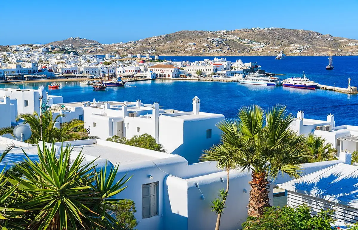 A view of Mykonos port and town, island of Mykonos, Cyclades, Gr