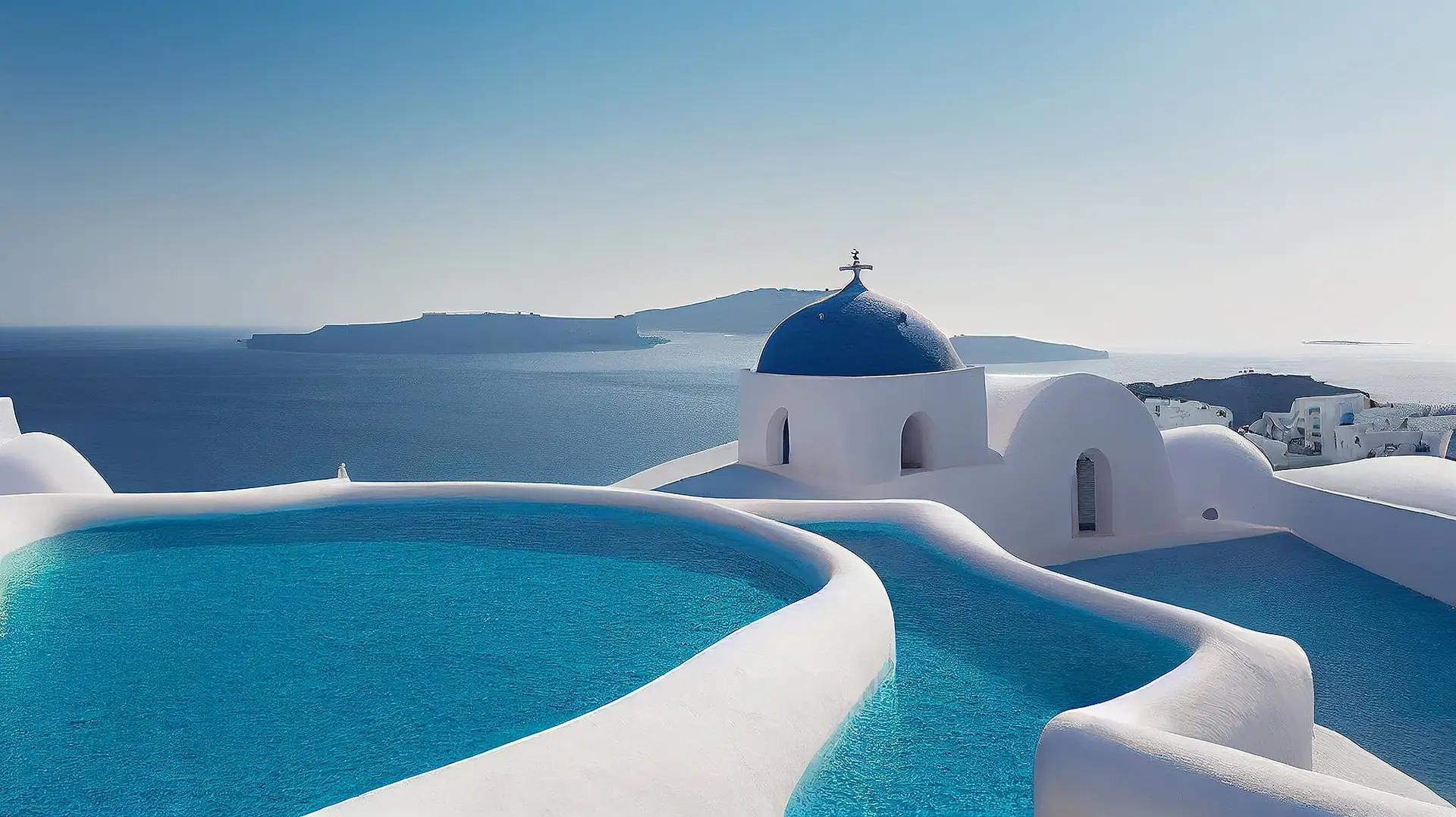 Santorini Cyclades – Whitewashed Church with Blue Dome Overlooking the Aegean Sea