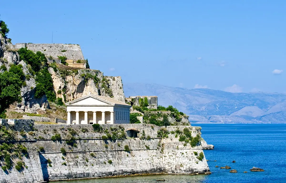 Ancient Greek temple on the coast of Corfu, Ionian Islands – coastal landmark visible from yacht cruising routes
