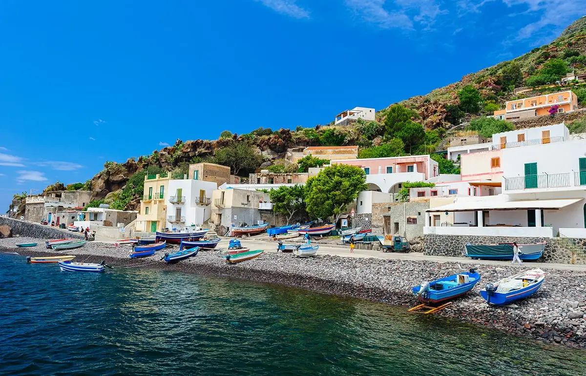 Seaside village with boats on the shore of Alicudi Island, Aeolian Islands, Italy