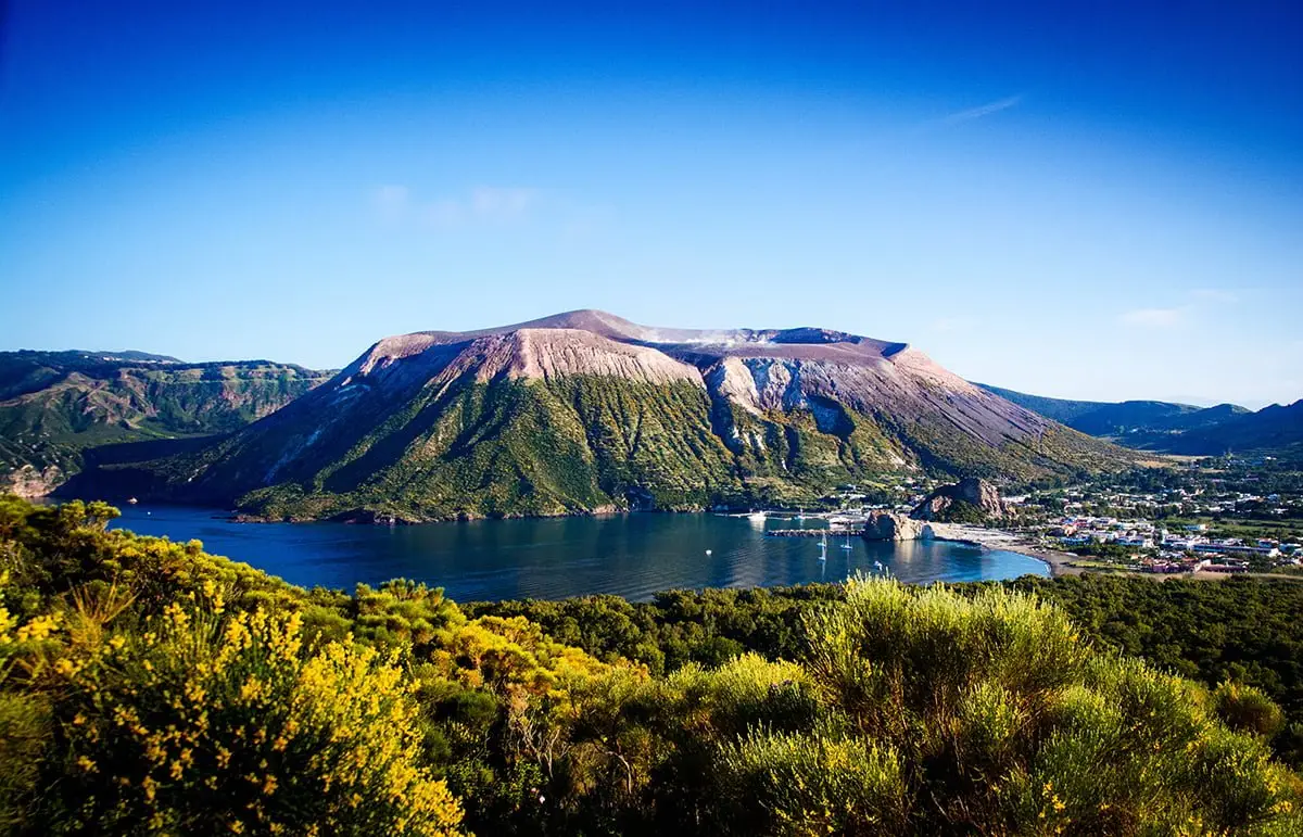 Vulcano Island crater and bay in the Aeolian Islands, Italy