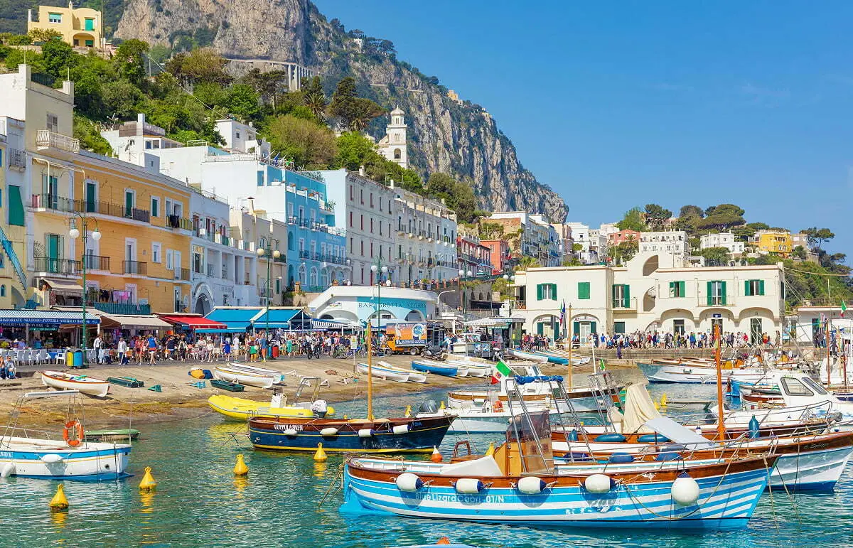 Colorful boats and buildings in Marina Grande, Capri, Italy