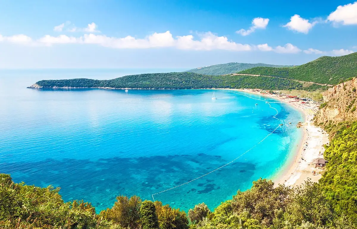 Velika Plaža Beach, Montenegro – Aerial View of Turquoise Bay and Forested Hills