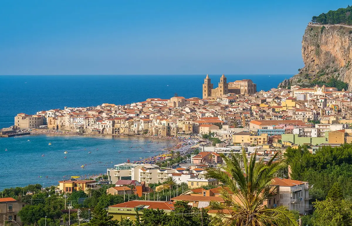 Cefalù, Sicily – Coastal View of Historic Town and Cathedral Facing the Tyrrhenian Sea