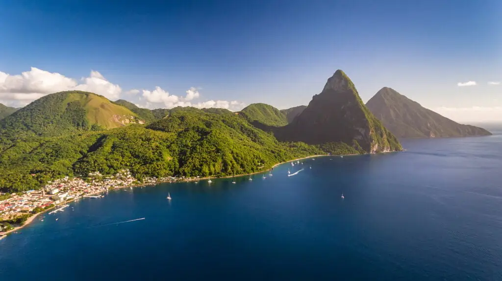 Luxury yacht charter in Saint Lucia – Gros Piton mountain and Pitons UNESCO, Windward Islands Caribbean