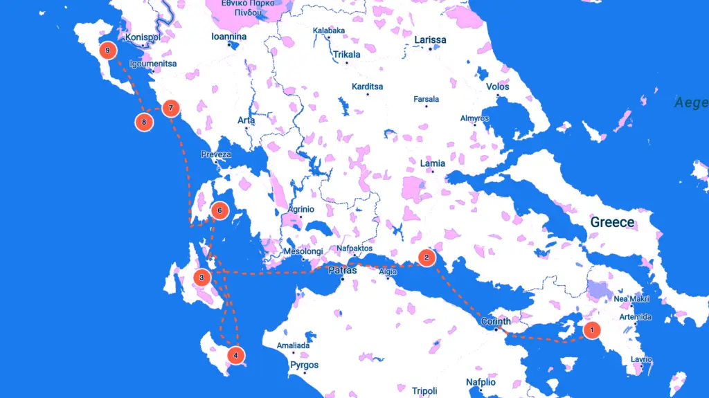 Map itinerary Athens to Corfu
