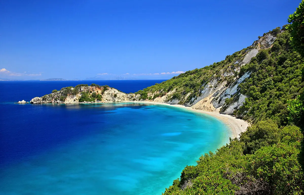 THACA ISLAND, GREECE. Gidaki beach, the most beautiful beach of Ithaca ("Ithaki") island, Ulysses' "homeland", Ionian Sea, Greece
