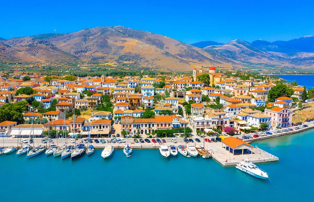 Scenic aerial view of Galaxidi village with colorful buildings