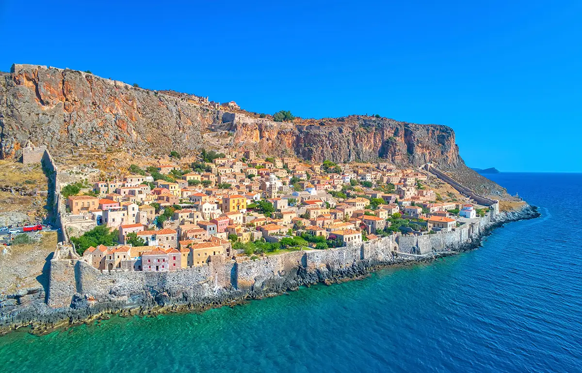 Aerial view of the old town of Monemvasia in Lakonia of Peloponn
