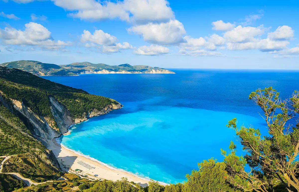 View of beautiful Myrtos bay and beach on Kefalonia island.