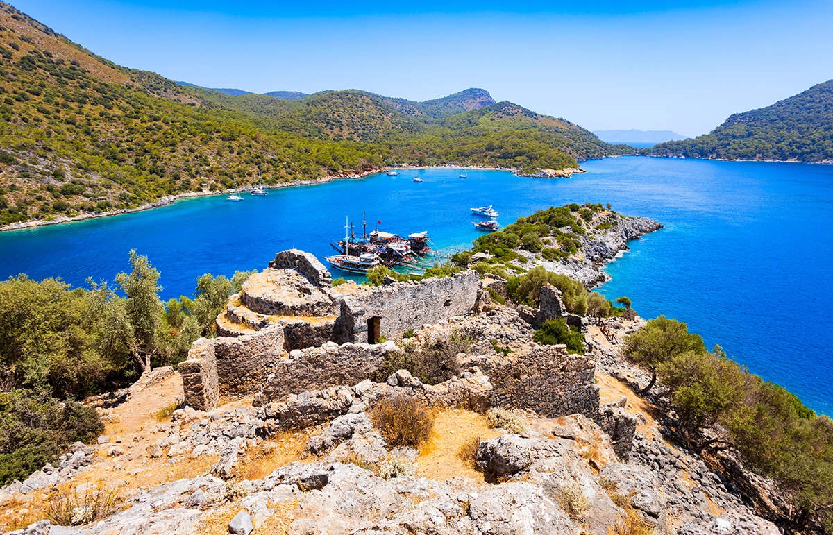 Gemiler or St. Nicholas Island aerial panoramic view in Turkey