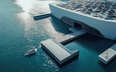 Top view of the Louvre Abu Dhabi, its unique dome reflecting sunlight patterns over calm waters