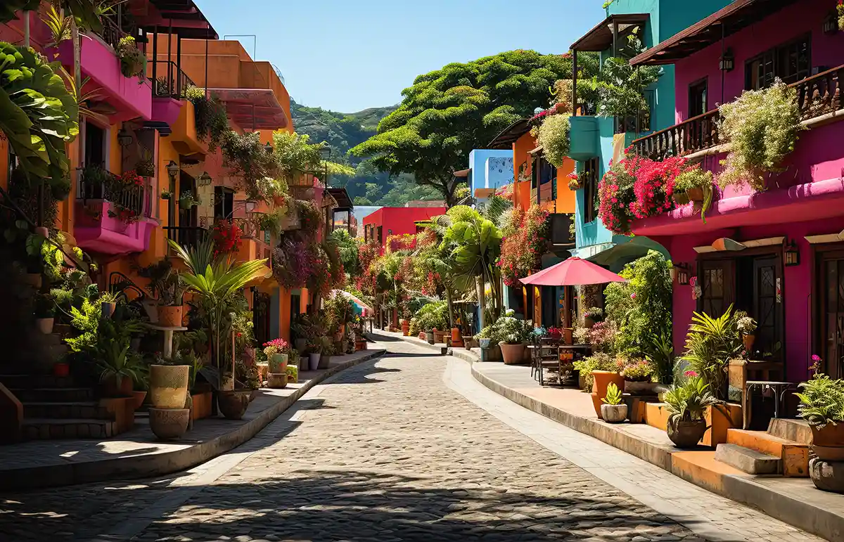 essence of Costa Rica with its pink houses and colorful streets.