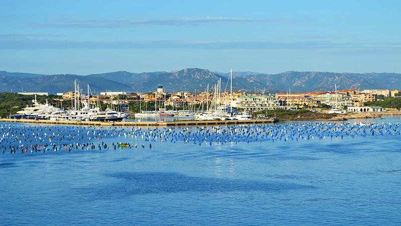 sardinia-olbia harbor221681327-800x450px - Echonautique.com Luxury superyachts moored at Olbia Marina with city and mountains in the background, Sardinia