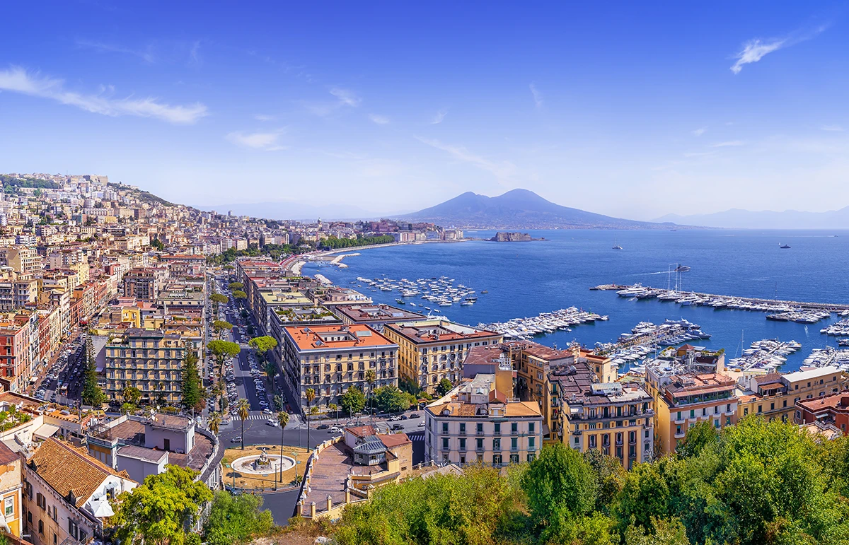 Aerial view of Naples marina with Mount Vesuvius in the background