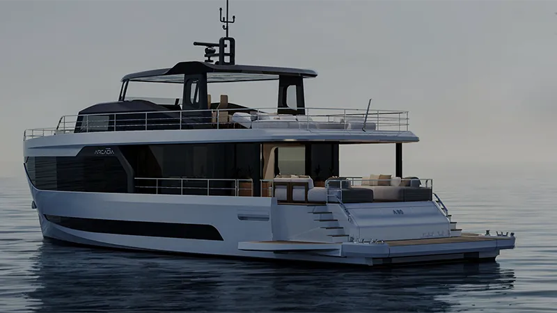 Arcadia A80new – 24m eco-luxury yacht - Echonautique.com Arcadia A80new yacht at anchor with solar-panel roof and open aft deck