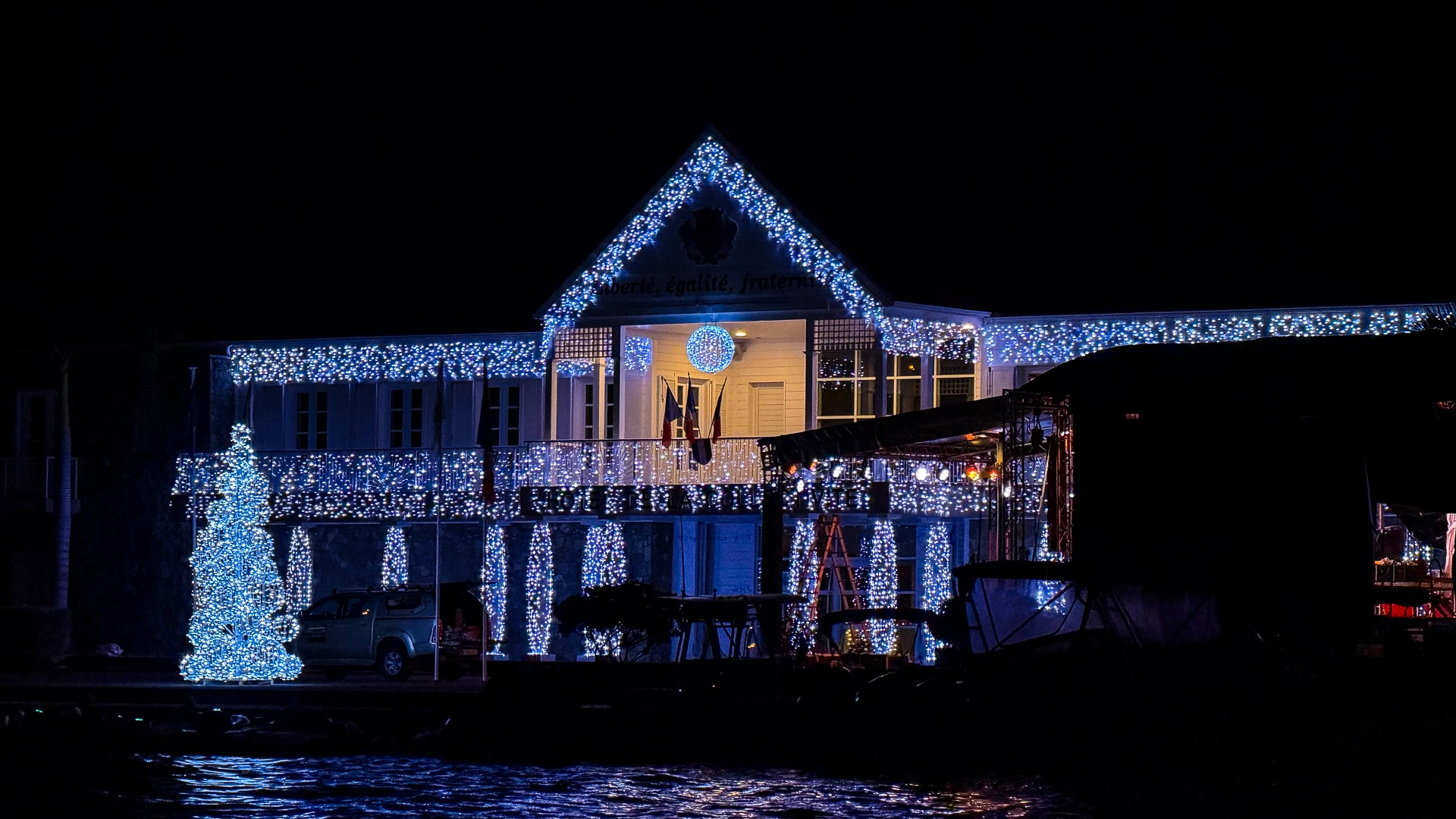 Collectivité de Saint-Barthélemy illuminated during New Year’s Eve celebrations in Gustavia