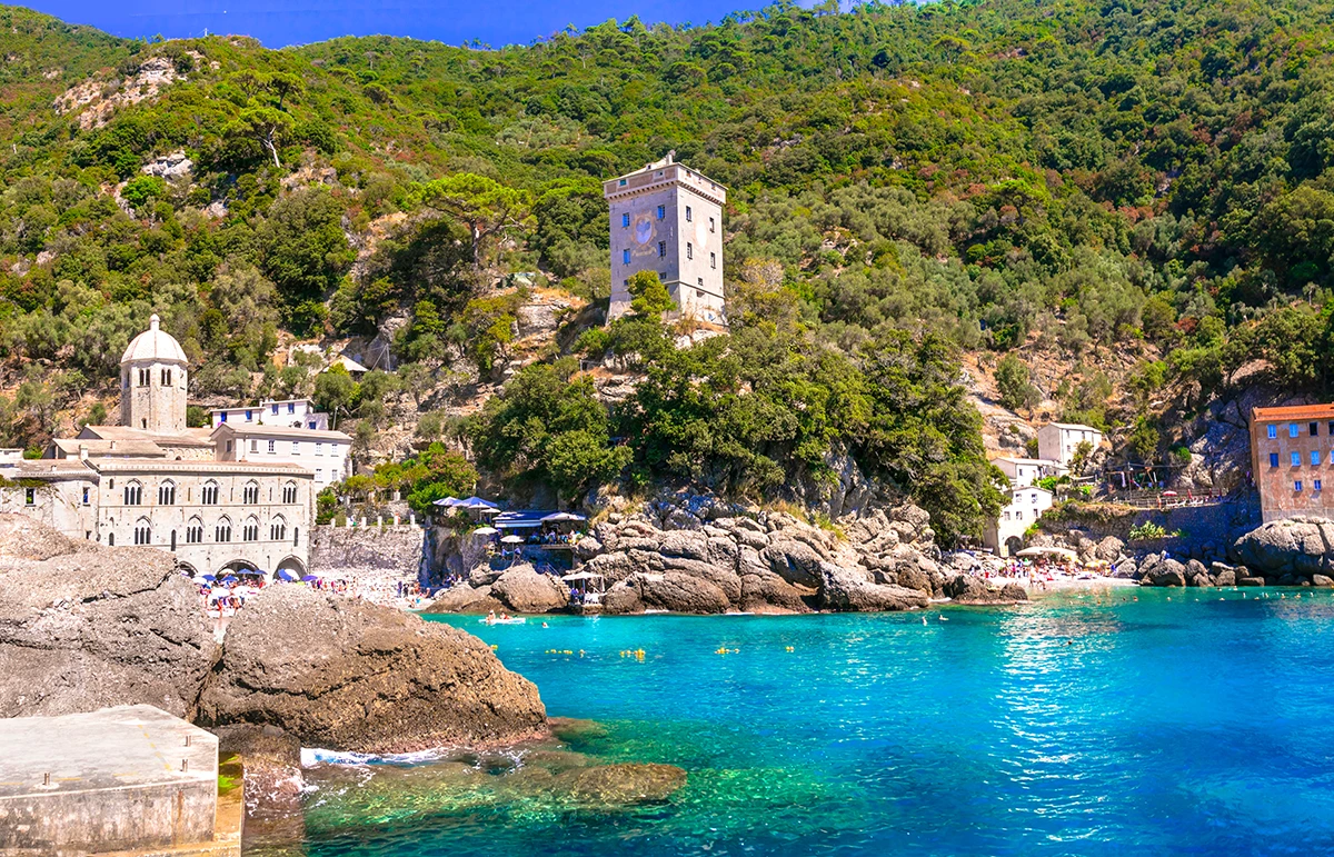 scenic small beach and San Fruttoso monastery (abbey), destination in Liguria