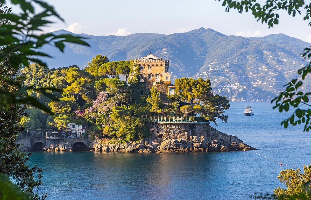 Beautiful natural view of the Bay of Paraggi in Santa Margherita Ligure, Mediterranean seacoat near luxury sea resort Portofino, Italy