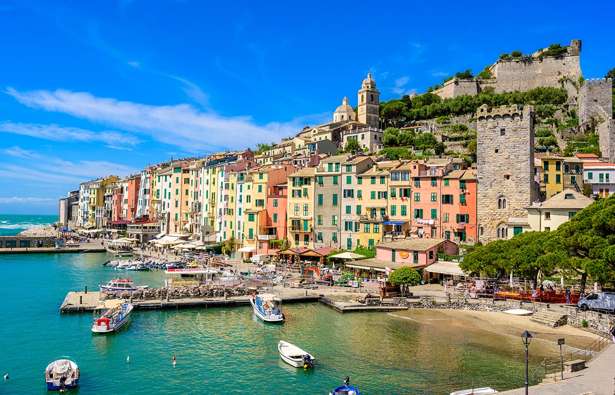 View of City Porto Venere - Harbor at beautiful coast scenery - travel destination of Province of La Spezia - Italy