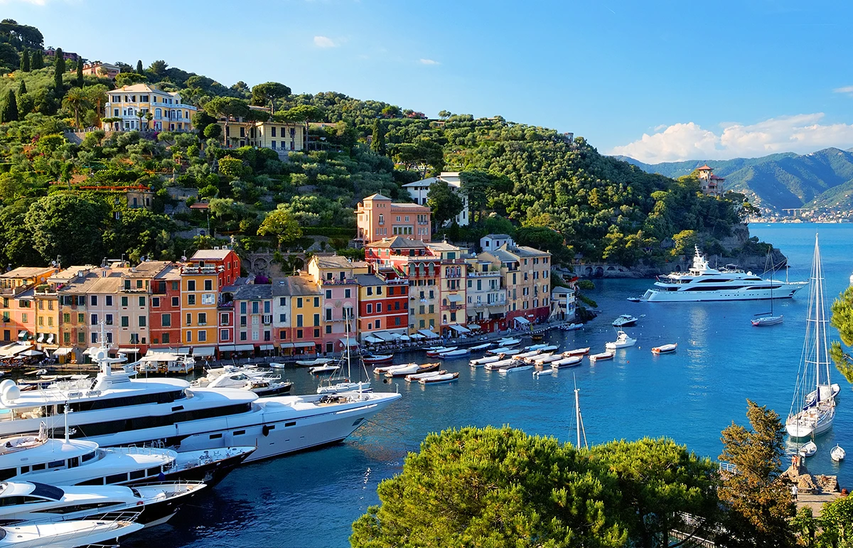 Beautiful natural view of the Bay of Paraggi in Santa Margherita Ligure, Mediterranean seacoat near luxury sea resort Portofino, Italy
