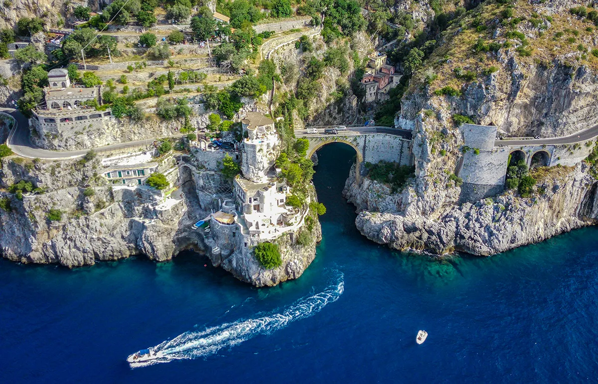 Fiordo di Furore Amalfi Coast Yacht Charter - Echonautique.com Aerial view of Fiordo di Furore during an Amalfi Coast yacht charter in Italy