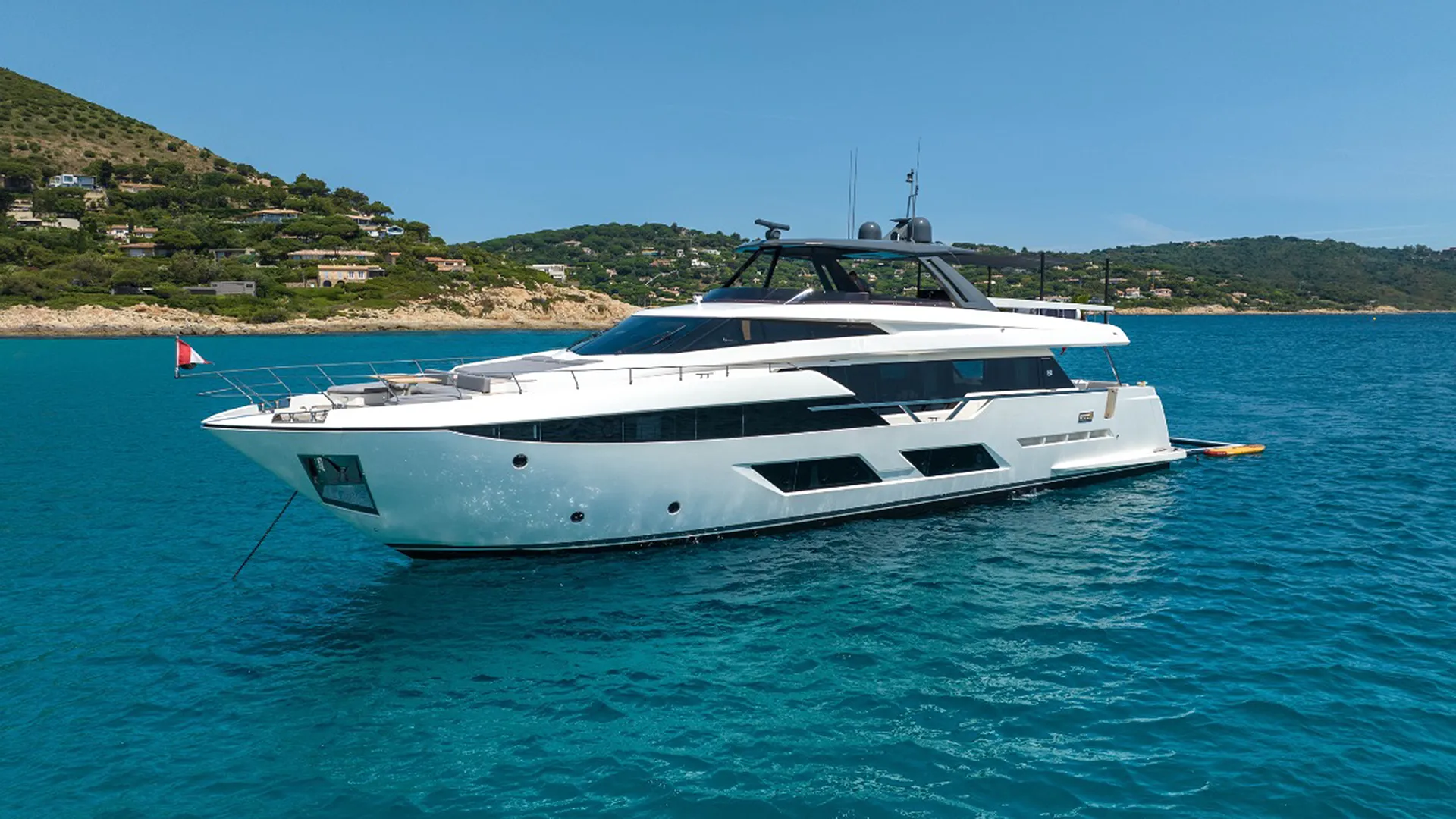 Daddy's Dream 2 Yacht Charter - Ferretti 920 Saint-Tropez - Echonautique.com Ferretti yacht side view on turquoise water