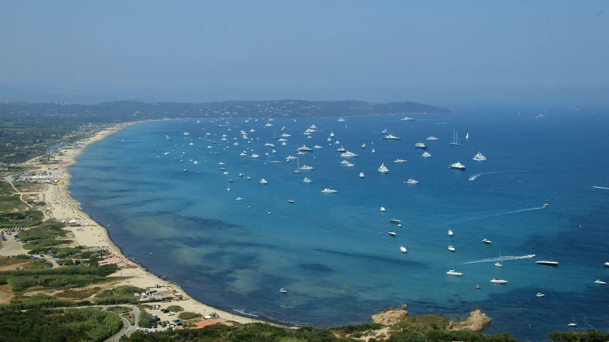 Aerial view of yachts anchored in Pampelonne Bay near Saint-Tropez